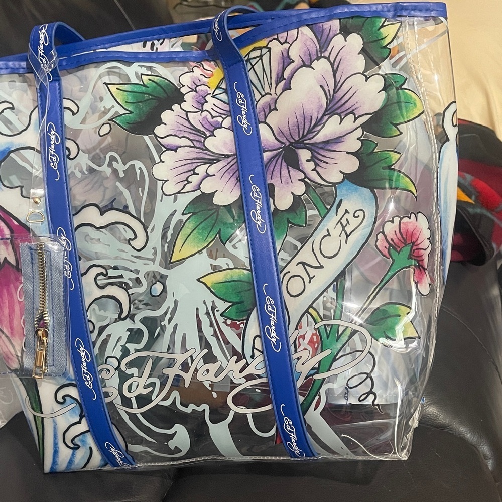 Y2K Ed Hardy Clear Tote with Blue and Pink Floral Design NWT
